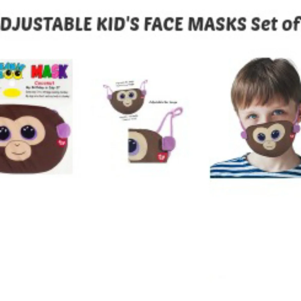 NWT 2-pks TY Adjustable Kid's Face Masks: Coconut Monkey!